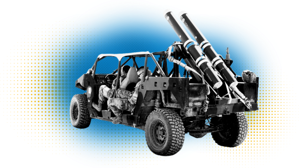 Decorative image of a vehicle with rocket loaders